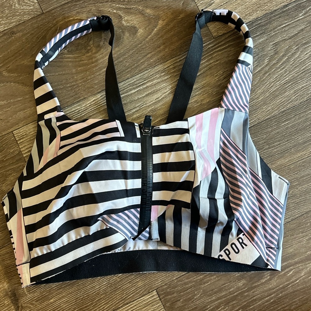 Sporty Front-Zip Striped Sports Bra, Black & Pink